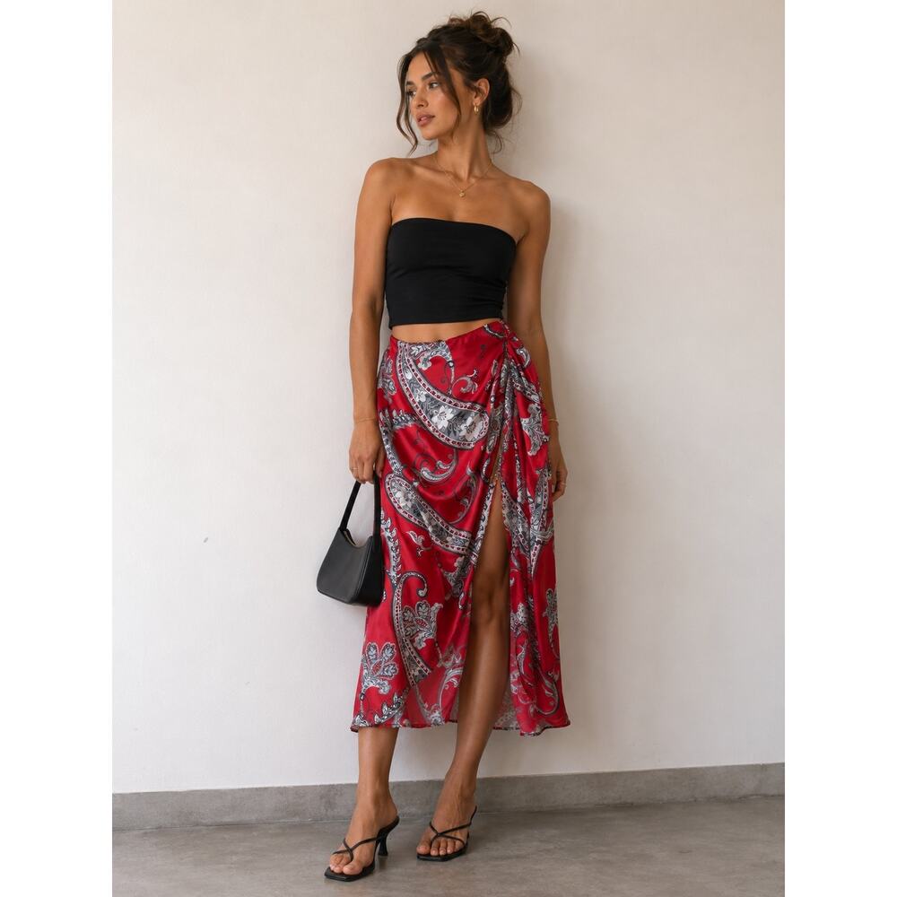 Cache Paisley Print High Waisted Asymmetric Maxi Skirt Red White Women's Large